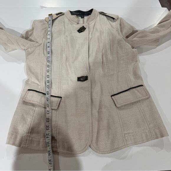 Lafayette 148 Linen Blend Cream Faux Leather Trim Long Sleeve Blazer Jacket 10‎ - Picture 10 of 10